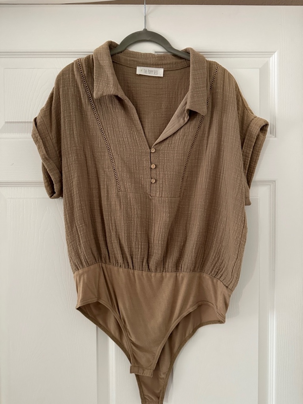 Taupe Textured Button-Front Bodysuit